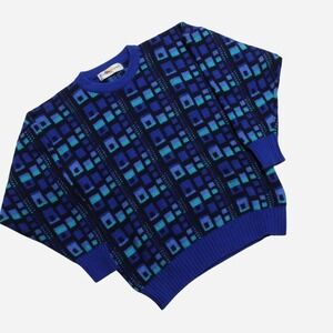 Mens Vintage 90s Abstract Blue Checkered Pattern Grandpa Sweater
